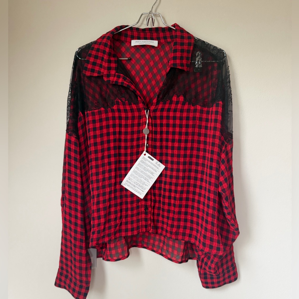 Philosophy Di Lorenzo Serafini Red And Blue Checkered Blouse With Black Lace 8